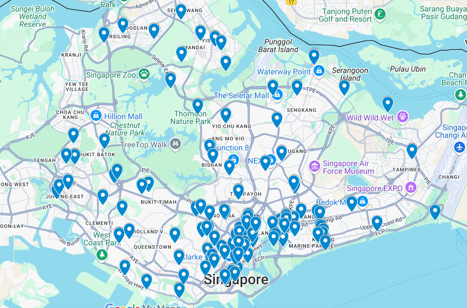 Illustrative map of Singapore showing a sample of group class locations across the island