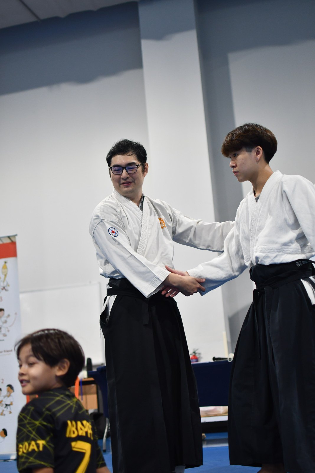 Participants practising paired aikido technique with an instructor