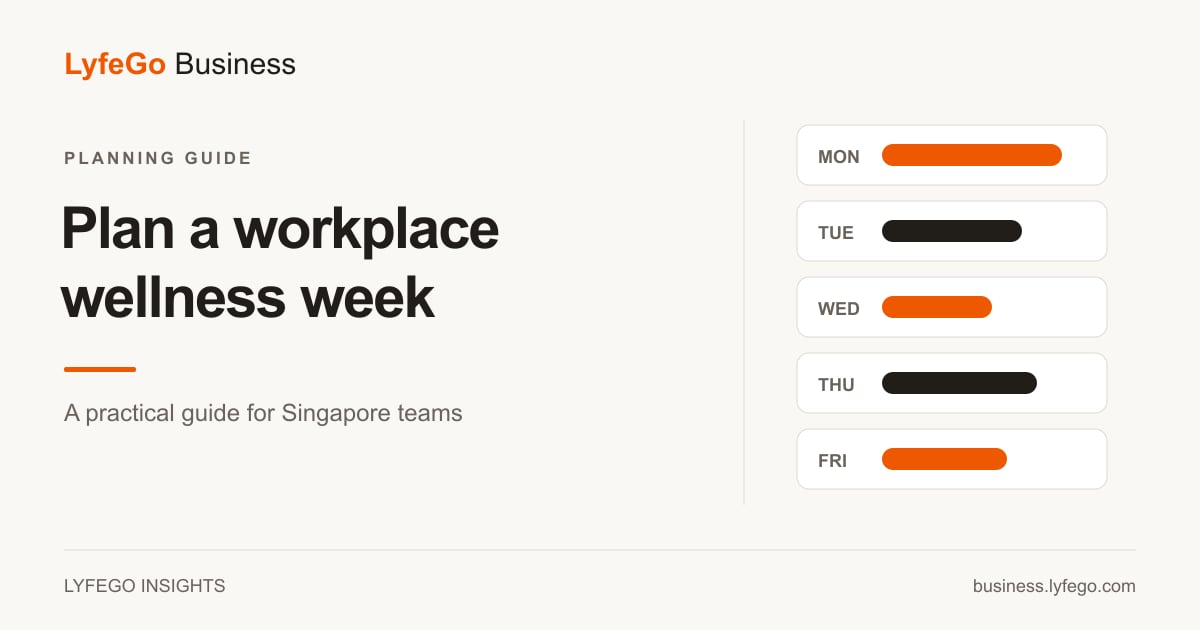 LyfeGo Insights: a workplace wellness week planning guide illustrated with a five-day calendar.